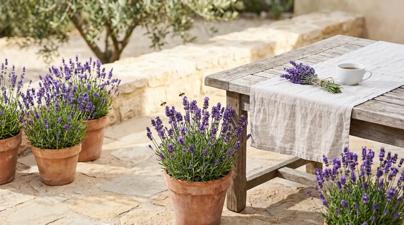 Blühender Lavendel in Terracotta-Kübeln auf einer sonnigen Sommerterrasse mit Bienen