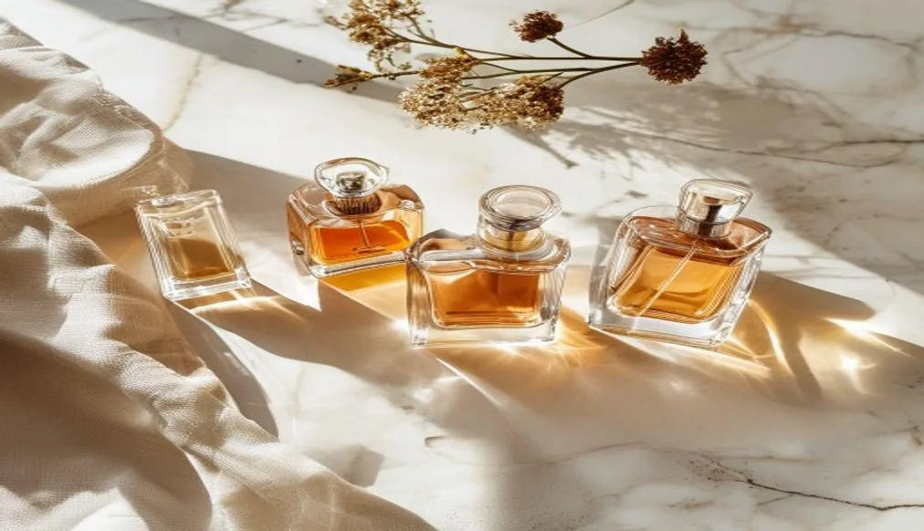 Elegantes Flatlay mehrerer Parfumflakons auf hellem Marmor mit Leinen — editoriale Beauty-Stimmung in weichem Tageslicht