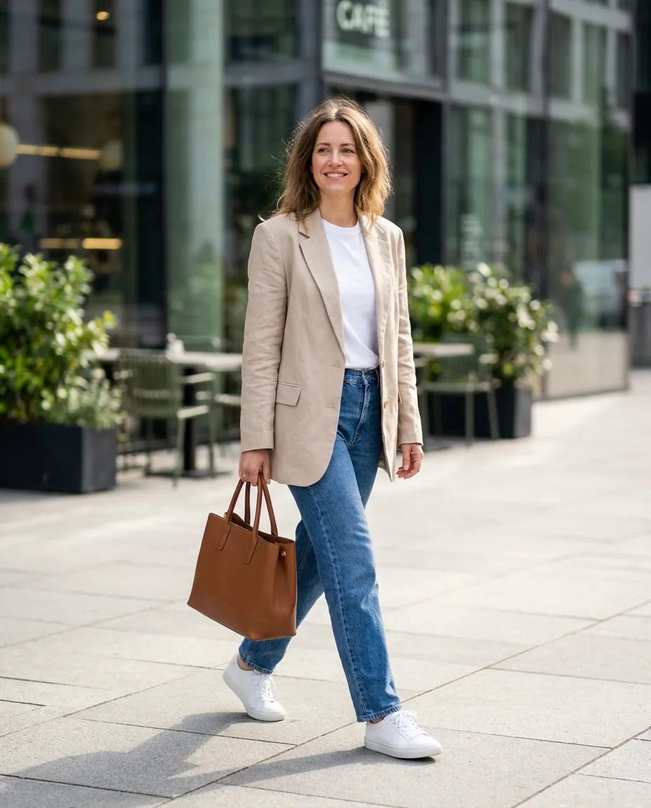 Frau im legeren Streetstyle mit Blazer, Shirt, Jeans und Sneakern auf hellem Stadtplatz