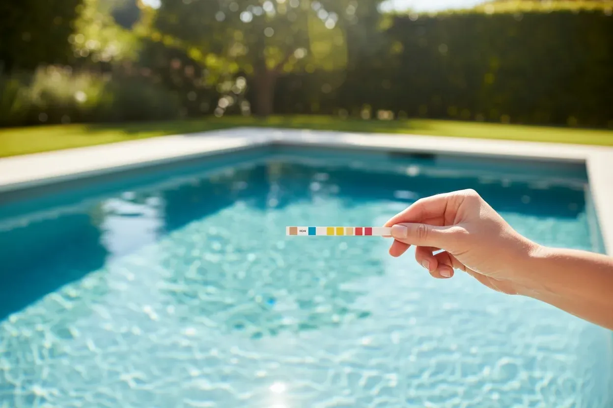 Hand prüft klares Poolwasser mit Teststreifen an einem sonnigen Gartenpool