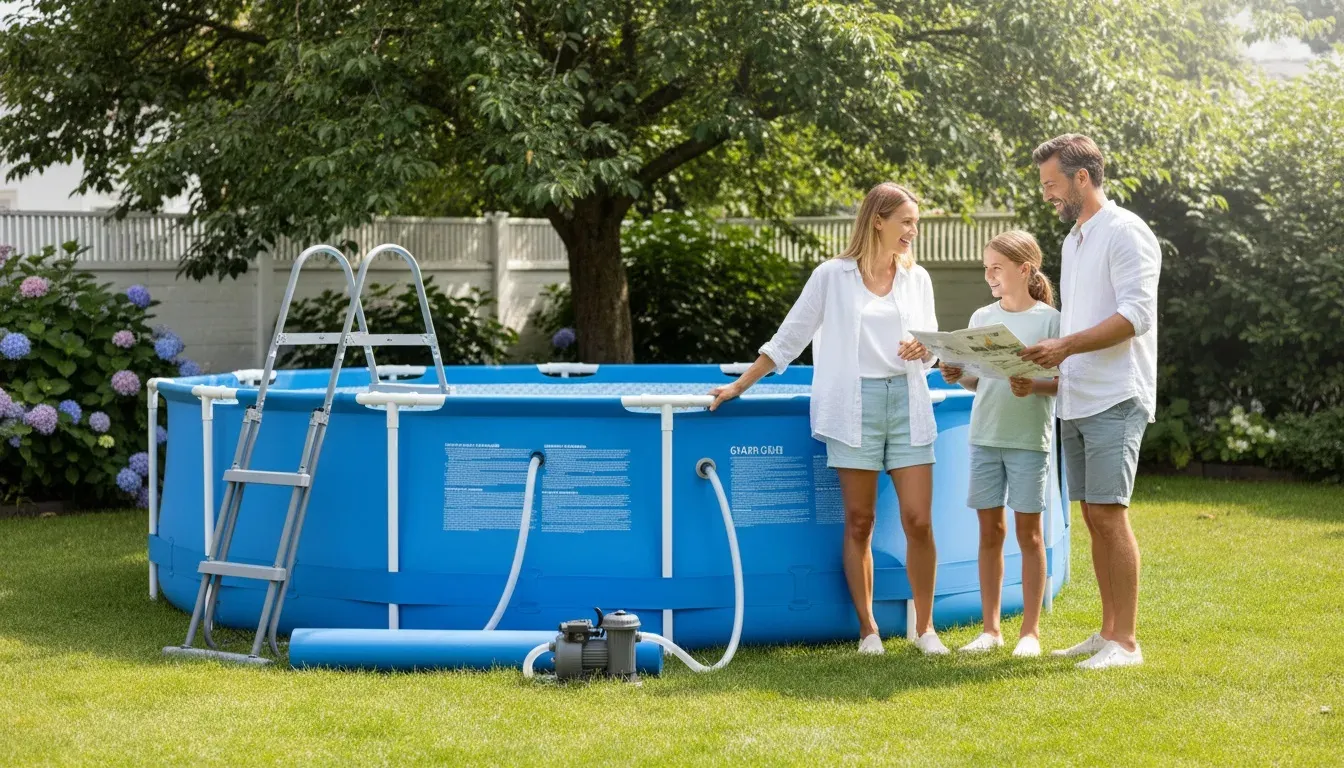 Familie richtet einen neuen Framepool im sonnigen Garten ein