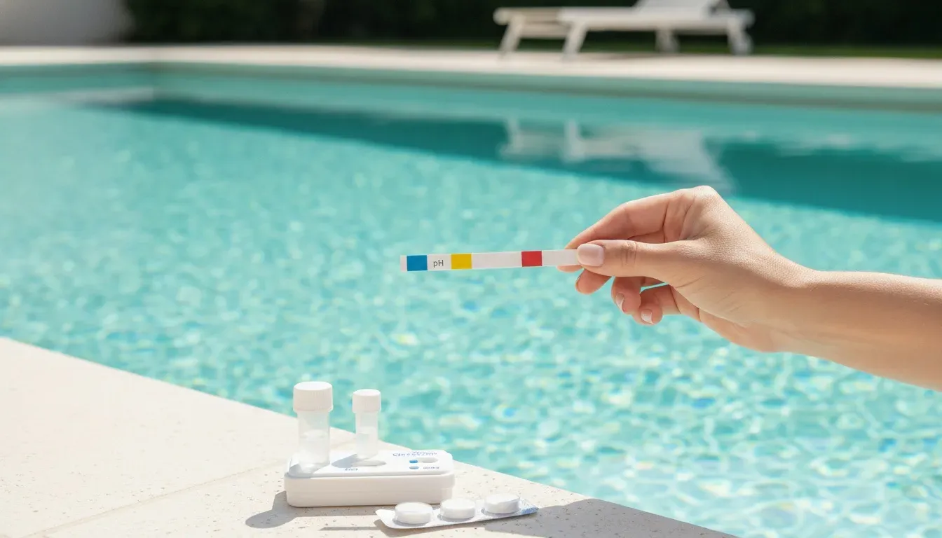 Hand prüft die Wasserwerte eines klaren Gartenpools mit Teststreifen