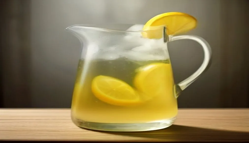 Glaskaraffe mit Zitronenwasser und Eiswuerfeln auf einem hellen Holztisch